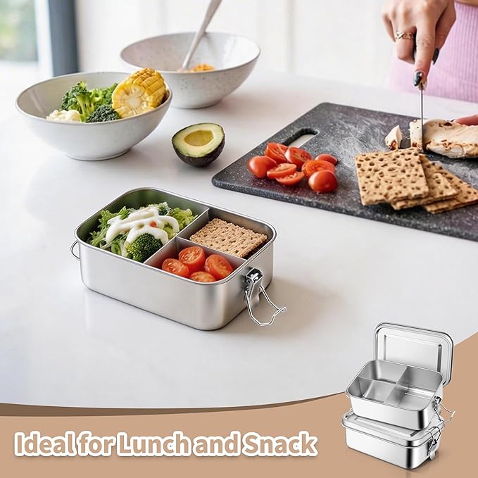 TeamFar 2 Pack Stainless Steel Bento Box, 28oz Metal Lunch Box with 3 Compartments for Adults/Kids, Lunch Food Containers for School/Work/Meal Prep, Leak-Proof & Dishwasher Safe, 850ML