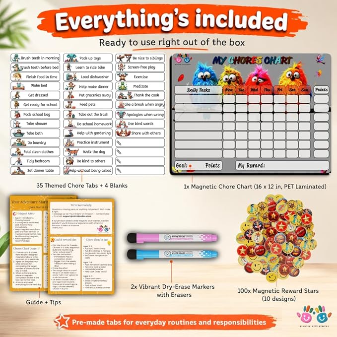 Mimi Doodle Magnetic Chore Chart for Kids – 16x12 Dry Erase Daily Responsibility Board for Fridge with 39 Chore tabs, 100 Reward Stickers – Behavior Chart for Kids at Home – Birds Theme
