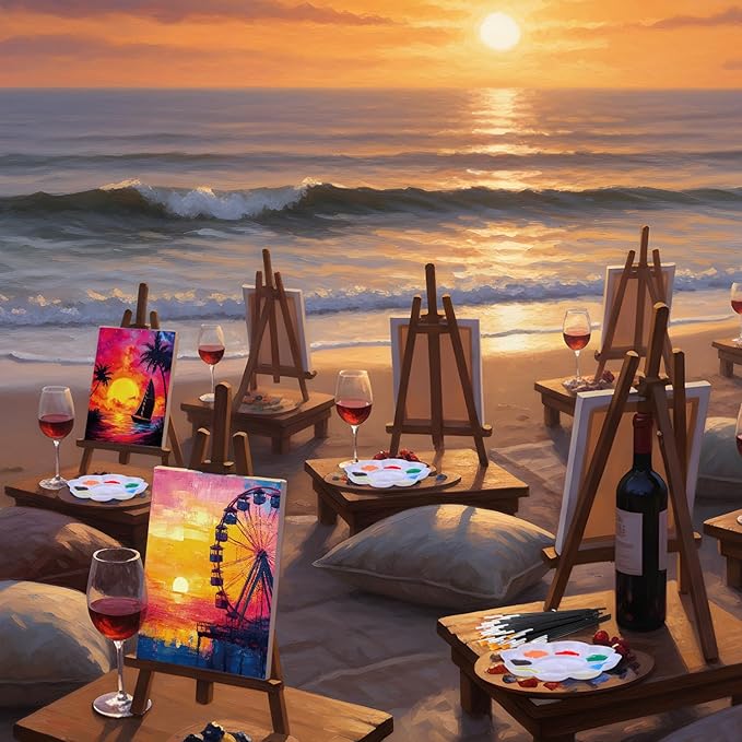 Ctosree 72 Pcs Natural Scenery Paint and Sip Kit for Adults 8'' x 10'' Pre Drawn Canvas for Painting DIY Pre Printed Canvas for Party Favor Afro Acrylic Painting Kit Wood Easel Brushes Bulk