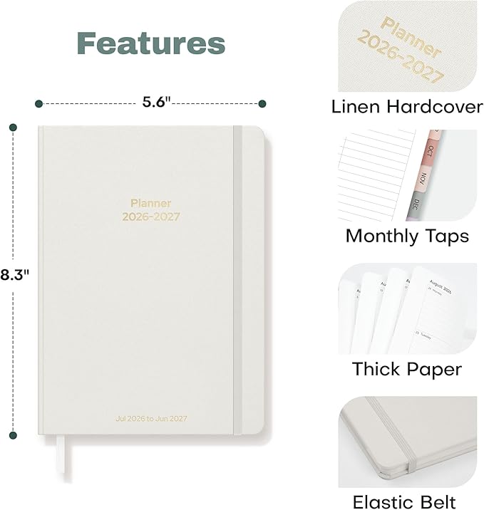 Planner 2026-2027 Monthly and Weekly Academic Planner July 2026 - June 2027, Linen Hardcover Agenda 2026-2027 Calendar Daily Planner for Student Teacher with Monthly Tabs, 6" x 8.3", Elegant Ivory