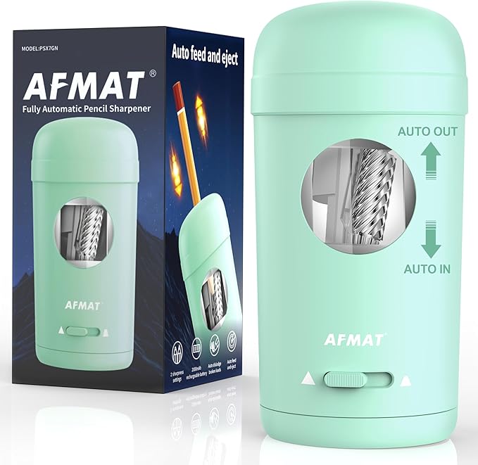 AFMAT Electric Pencil Sharpener, Fully Automatic Pencil Sharpener for 7-8mm Pencils & Colored Pencils, Auto in & Out, Rechargeable Vertical Hands-Free Sharpeners for Classroom/Home/Office PSX7(Green)
