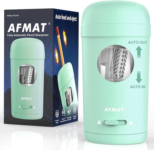 AFMAT Electric Pencil Sharpener, Fully Automatic Pencil Sharpener for 7-8mm Pencils & Colored Pencils, Auto in & Out, Rechargeable Vertical Hands-Free Sharpeners for Classroom/Home/Office PSX7(Green)