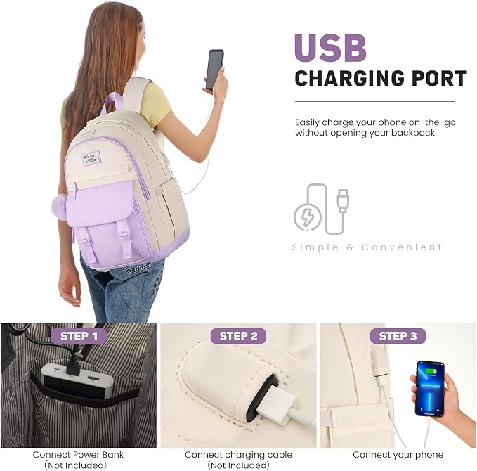 WINDARS School Backpack for Teen Girls, Cute College Backpacks for Women Students Aesthetic Bookbag Large 15.6 Inch Laptop Bag Middle School Travel Back Pack (Purple Beige)