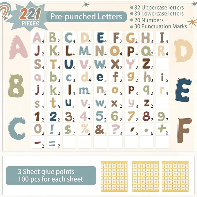 221 Pcs Boho Bulletin Board Letters, Round Alphabet Number Punctuation Symbol Combo Letter Cutouts, Boho Classroom Decor for School Classroom Chalkboard Poster Bulletin Board Wall