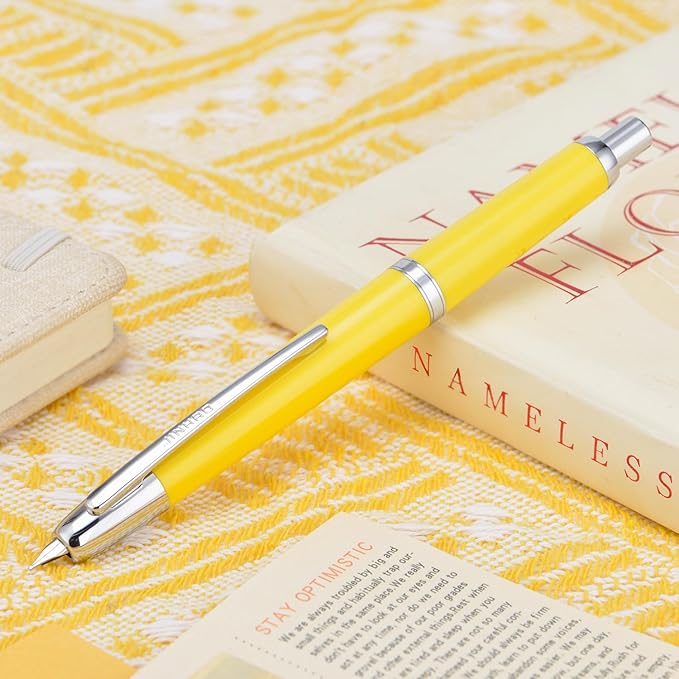 Jinhao 20 Press Fountain Pen, Lemon Yellow Retractable Fine Nib with Ink Converter Set (Silver Clip)