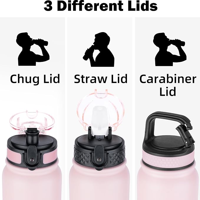 Oldley Insulated Water Bottle 32oz Water Bottles with Straw, Stainless Steel Water Bottle with 3 Lids, Double Wall Vacuum Bottels for Adults Kids, Leak-Proof Sport Bottles for School Travel, Pink