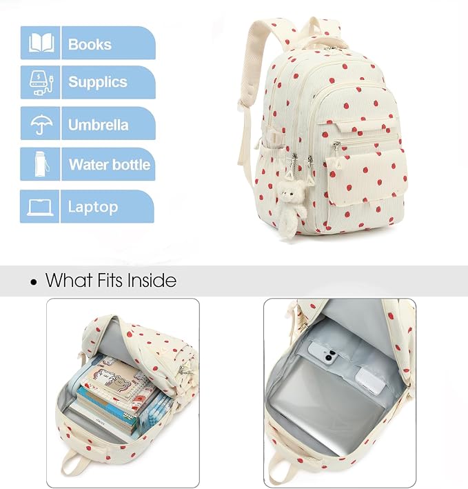 PRLINJSK Girls Backpack for College High Middle School Student, Cute Aesthetic Bookbag for Teens Women with Accessories, Beige Strawberry