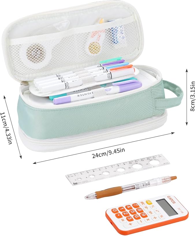 Dugio Large Pencil Bag for Girls School Organizer Pencil Case Big Green | Teens Kids Zipper Pencil Pouch Aesthetic Pencil Box for School Supplies, Wear-resistant Fabric, Thick Multi-layer Fabric