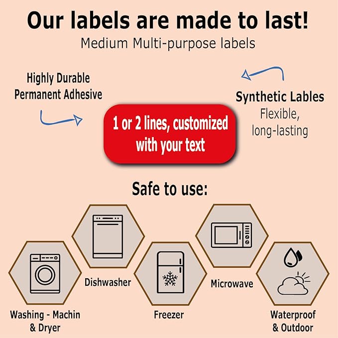 75 Personalized Waterproof Name Labels. Press and Stick Multi use Custom Name Labels. Customized 2 Lines of Text and Color. ID Identification Name Stickers with Permanent Self Adhesive.