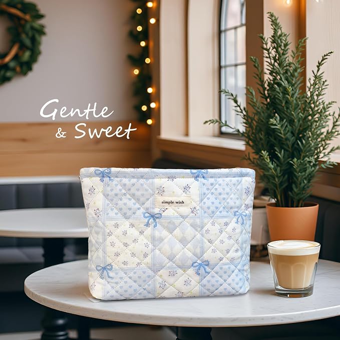 STARDW Cute Cotton Quilted Makeup Bag, Travel Cosmetic Pouch for Women | Soft Cosmetic Bag for Skincare, Brushes & Toiletries, Floral Travel Toiletry Bag, Purse Organizer Pouches, Canvas Lining