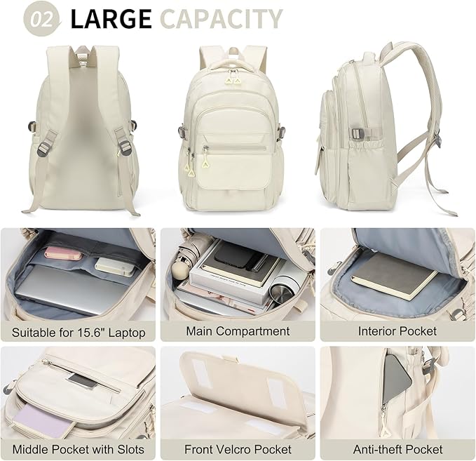 Aesthetic Daypack Backpack, Water-Resistant 15.6" Laptop Backpack for Women and Men, Featuring Touch-Fastener and Anti-Theft Pockets (White)