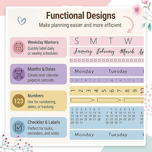 Chuangdi 9 Rolls Calendar Washi Tape Set Day Week Month Number Vintage Calendar Date Washi Masking Tape Decorative Patterned Marking for Arts Crafts Journal Planner (Pink, Purple, Yellow, Blue)