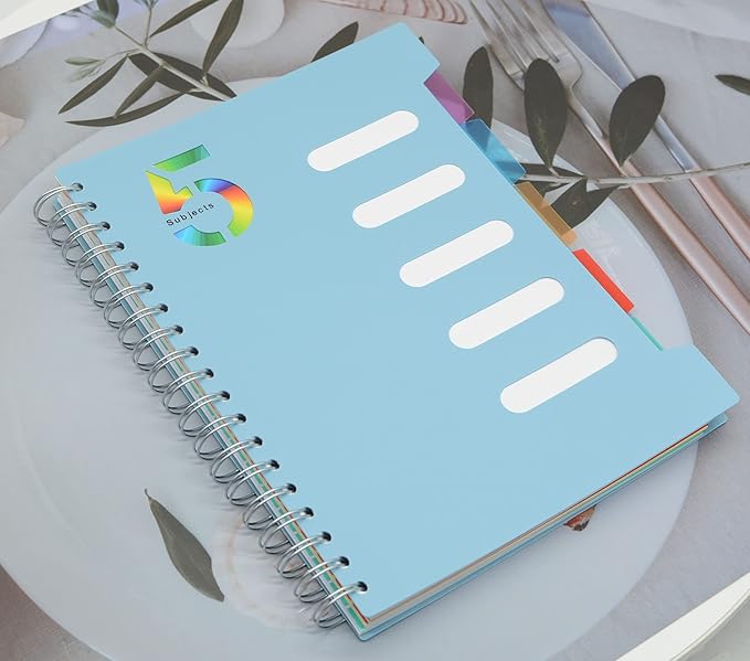5 Subject Notebook, 2 Pcs Pink and Light Blue 10 Inch x 7 Inch B5 Spiral Notebook With Waterproof Plastic Softcover, 300 Pages 80 Gsm College Ruled Papers With 5 Sheets Colorful Movable Dividers