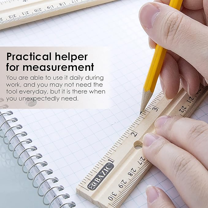 BAZIC Products Wooden Ruler 12" (30cm), Singel Metal Edge, Inches Centimeter Metric Measuring Drafting Rulers, for Students School Supplies (3/Pack), 2-Packs