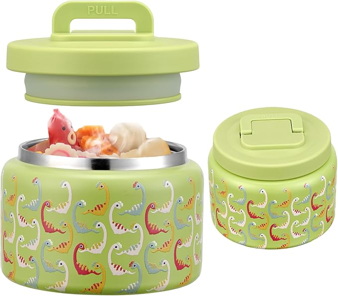 JXXM 8 Oz Thermo Food Jar for Hot & Cold Food for Kids, Insulated Lunch Containers Hot Food Jar,Leak-Proof Vacuum Stainless Steel Wide Mouth Lunch Soup Thermo for School (Green-Colorful Dinosaur)