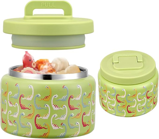 JXXM 8 Oz Thermo Food Jar for Hot & Cold Food for Kids, Insulated Lunch Containers Hot Food Jar,Leak-Proof Vacuum Stainless Steel Wide Mouth Lunch Soup Thermo for School (Green-Colorful Dinosaur)