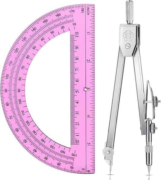 Zonon Student Protractor and Compass Set, Student Geometry Math Set, Compass for Geometry and 180 Degree 6 Inch Protractor for Drawing Measuring School Office (1 Pcs,Pink)
