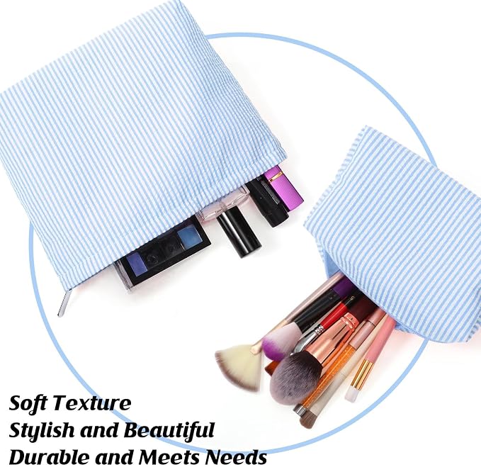 Huhumy 2 Pcs Makeup Bag Set for Women, Blue,Thin Striped Seersucker | Cute Cosmetic Pouch Women Travel Toiletry Bag Preppy Small Makeup Purse Pouch Aesthetic Skincare Brushes Storage Organizer