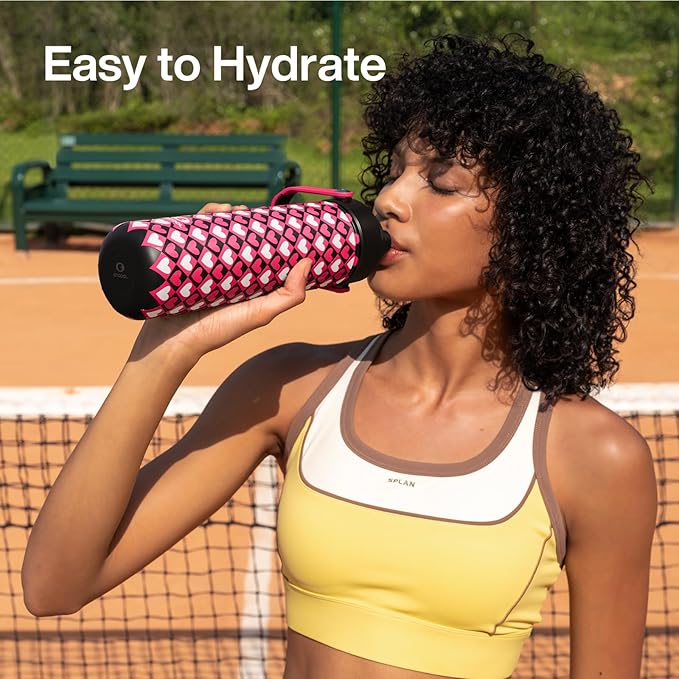 ENCOOL Insulated Water Bottle with Straw Stainless Steel Water Bottle, Leak-Proof, BPA-Free, Keeps Cold for 24 Hours for Sports, Travel, School (26 oz, Bold Hearts Mono x Red)