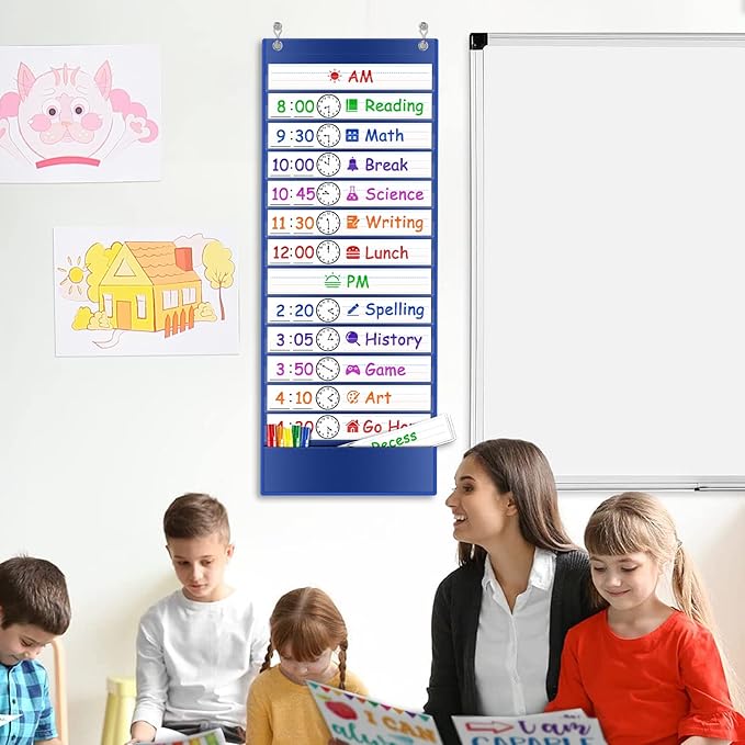 Daily Schedule Pocket Chart, 13+1 Pockets Visual Schedule for Kids, 18 Reusable Dry Eraser Cards 2 Over The Door Hooks, Daily Schedule for Kids, Classroom, School, Office or Home (BLUE)