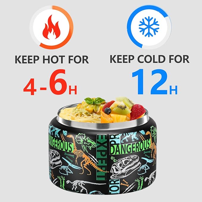 JXXM 8 Oz Thermo Food Jar for Hot & Cold Food for Kids, Insulated Lunch Containers Hot Food Jar,Leak-Proof Vacuum Stainless Steel Wide Mouth Lunch Soup Thermo for School (Black-Dinosaur Fossils)