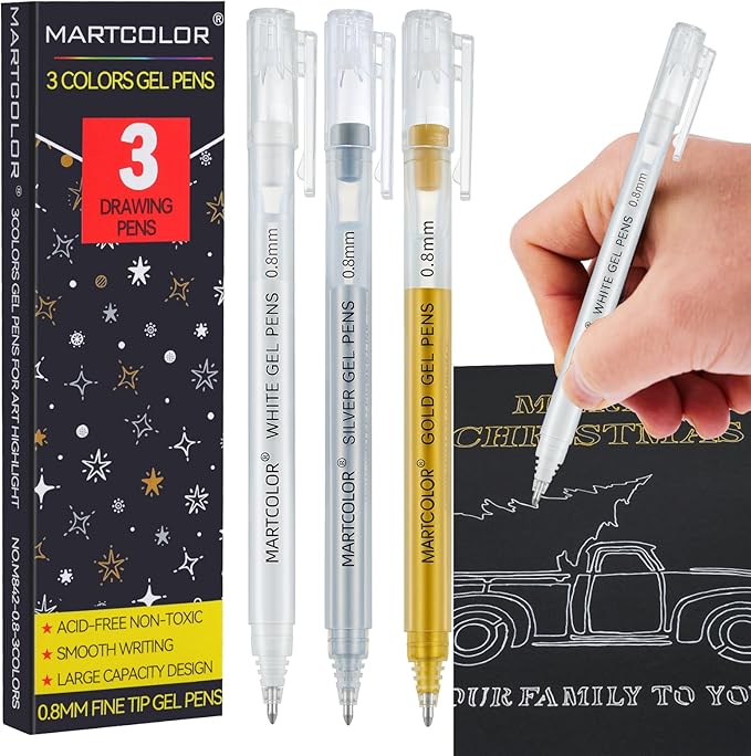 MARTCOLOR Gold Silver White Gel Pens, 0.8mm Extra Fine Point Opaque Archival Ink Pen for Black Paper Drawing, Art Highlight, Illustration, Bullet Journaling, Card Making & DIY Projects, 3 Pack