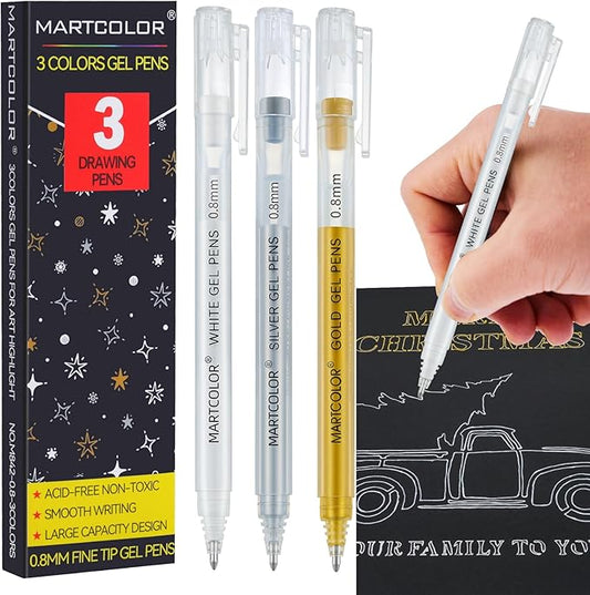 MARTCOLOR Gold Silver White Gel Pens, 0.8mm Extra Fine Point Opaque Archival Ink Pen for Black Paper Drawing, Art Highlight, Illustration, Bullet Journaling, Card Making & DIY Projects, 3 Pack