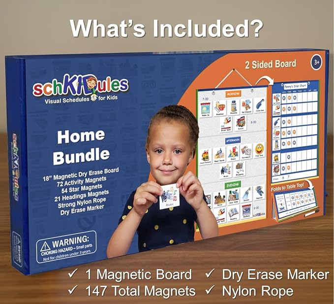 SchKIDules 2-Sided Magnetic Visual Schedule for Kids (Home Bundle) | Daily Routines, Chore/Reward Charts, ADHD Help | Includes 18” Folding Reversible Board, 129 Magnets & Dry Erase Marker