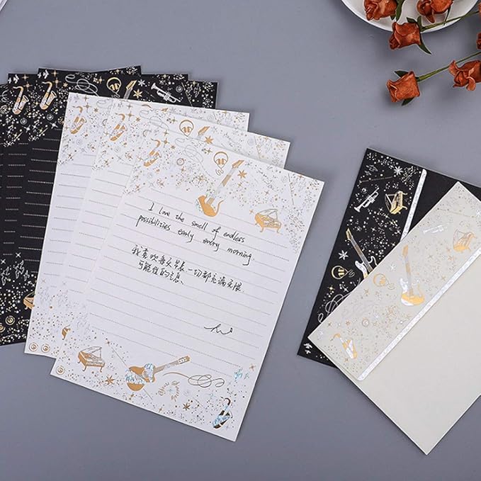 A5 Small Gold Foil Lined Stationary Paper and Envelopes Set,16 Sheets Black White Feather Lined Letter Writing Paper Cute Stationery Paper Set,Writing Printer Paper Decorative Paper