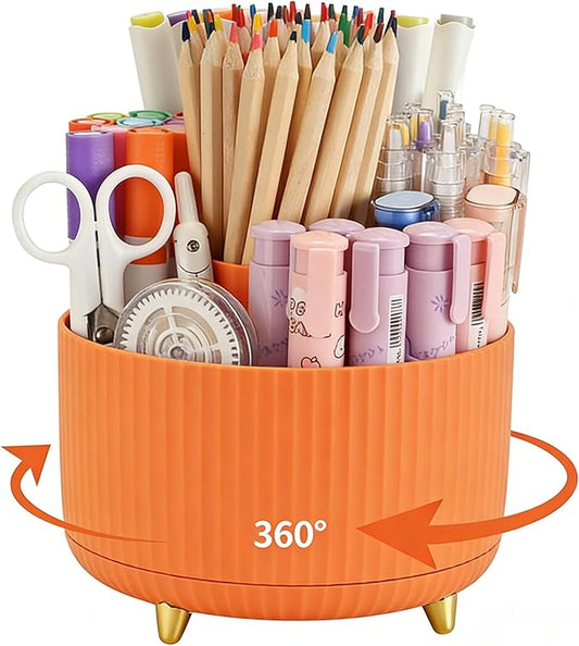 Camelmother Pen Holder For Desk With 5 Slots 360°Rotating Pencil Holder Makeup Organiezr Teacher Supplies Office decor (orange)