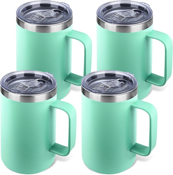 22oz Insulated Coffee Mug with Handle & Leak-Proof Lid - Double Wall Stainless Steel Travel Tumbler Bulk for Commute/Office/Home, Mint Green, 4 Pack
