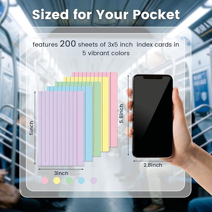 Koogel 200PCS Index Cards 3 x 5, Colored Index Cards Lined Ruled on both Sides for Back to School, Heavy Notecards Flashcards for Studying Office, Home, College, To Do List Supplies