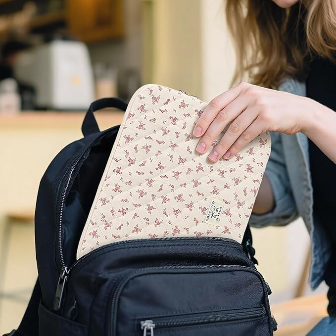 Puffy Laptop Sleeve 13 Inch Cute Quilted Laptop Protective Case Padded Floral Computer Sleeve for MacBook (A-Pink, 13 Inch)