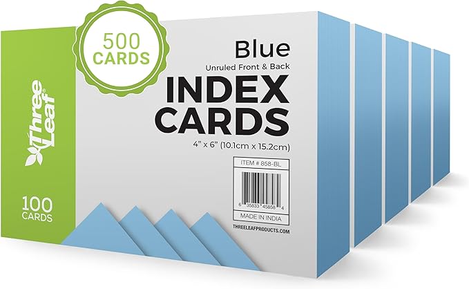 THREE LEAF 4 X 6, INDEX CARDS UNRULED, 500 CT. (100 x 5) BLUE, Blank Flash Cards, Study Card, Memo Pad, For To-Do List, Art And Craft Projects