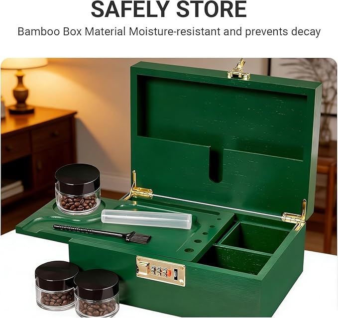 Bamboo Wood Desktop Organizer with 3 Glass Jars and Sliding Tray - Red Multi-Compartment Storage Case for Craft Supplies, Stationery, and Small Accessories (Green)