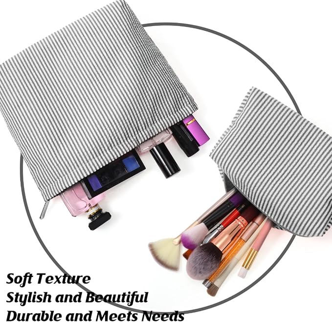 Huhumy 2 Pcs Makeup Bag Set for Women, Black, Thin Striped Seersucker | Cute Cosmetic Pouch Women Travel Toiletry Bag Preppy Small Makeup Purse Pouch Aesthetic Skincare Brushes Storage Organizer