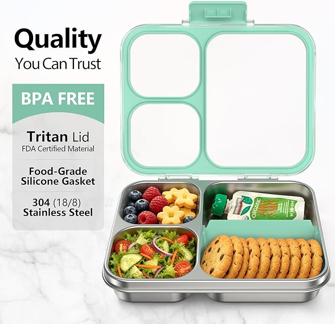 HOMEKOL Stainless Steel Bento Lunch Box, 3-Compartment Leak-Proof Metal Lunch Container for Kids & Adults, BPA-Free, Dishwasher Safe, Clear Tritan Lid, 4.2Cups/1000ml Green (Not Insulated)