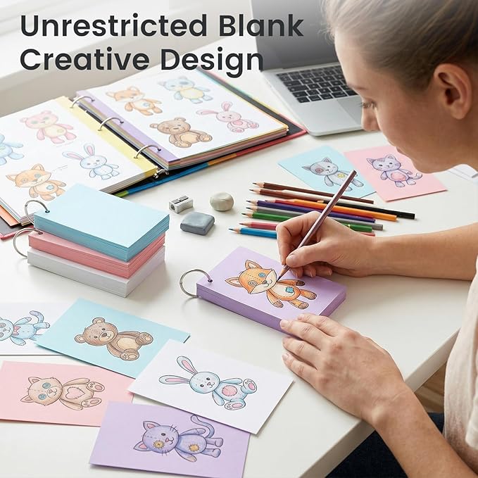 BOOKNOW Index Cards 3x5, Flash Cards with Ring, 260PCS Colored Notecards for Studying, Portable Notecards Note Taking for Students, Teachers, Office Home School, 6 Colors