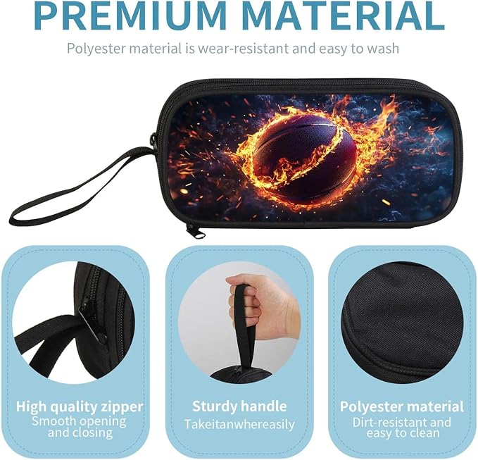 Firmiso Kids Pencil Case, Flaming Basketball Graphic, Large Capacity Double Zipper Pencil Pouch with Compartments, Durable Polyester School Supplies Organizer, Pen Bag for Boys Girls Students