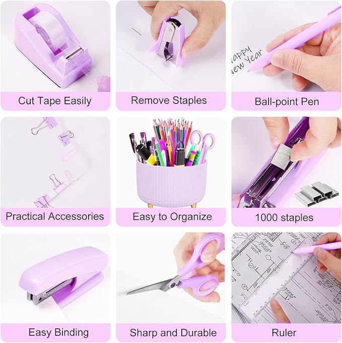 Gawsey Desk Organizers and Accessories Set with 360-Degree Rotating Pen Holder, Tape Dispenser, Stapler, Staple Remover, 1000 Staples, Tape, Clips Set, Ruler, Scissor, Pen (Purple)