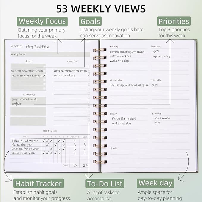 Undated Weekly and Monthly Planner Spiral Bound- Weekly Goals Notebook, To Do List, Habit Tracker Journal, Academic, Aesthetic, Stylish School or Office Supplies(6.1" x 8.4" - Green)