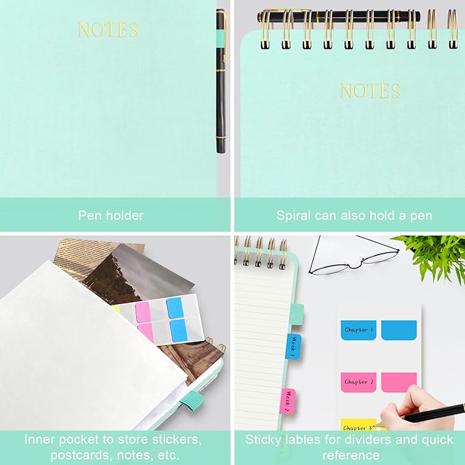 Aesthetic Top Spiral Notebook, A5 Linen Hardcover Top Bound Steno Pads, 240 Pages 100gsm Thick Lined Paper Left Handed Notebook Journal for Work, School, Church Writing - Green, 5.9" x 8.5"
