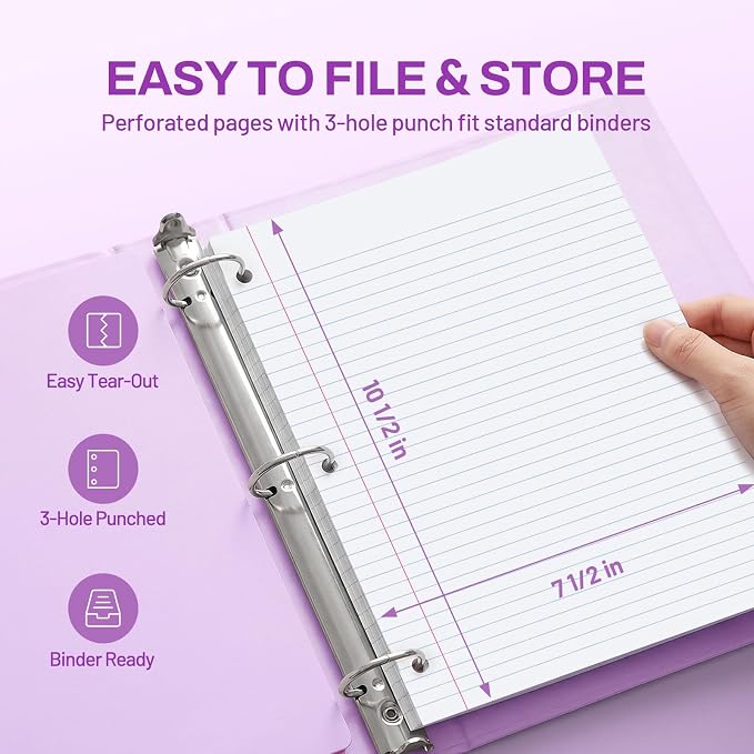 SUNEE Spiral Notebook, 1-Subject, College Ruled Paper, 8" x 10-1/2", 100 Sheets per Notebook, 3-Hole Punched Paper, Water Resistant Cover, Double-sided Pockets, Dark Purple