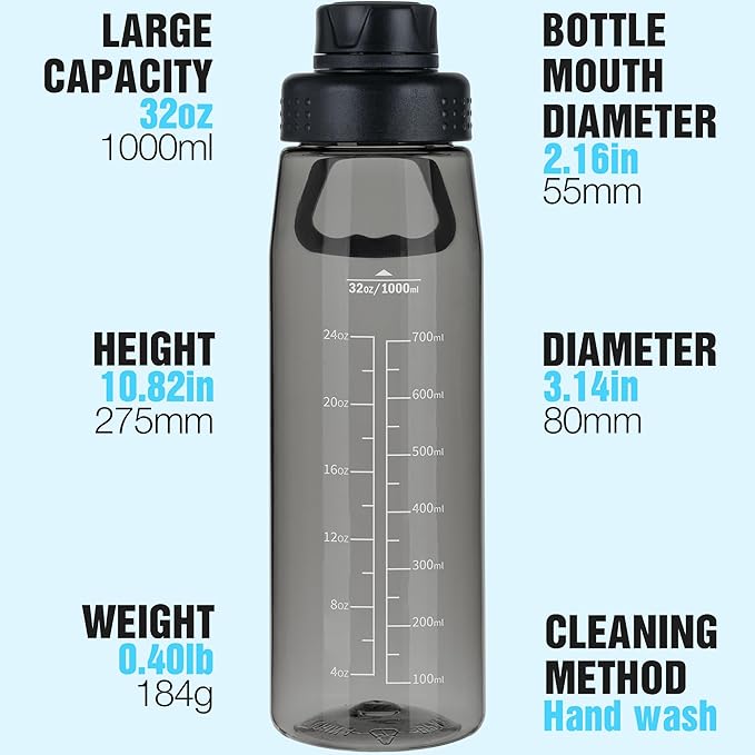 Water Bottle 32oz- BPA-Free Tritan Plastic Clear Water Bottle, Fast Flow Spout Lid, Wide Mouth & Leakproof Design Hiking Water Bottles Suitable for Travel, Outdoors, Gym, Travel, Home, School(Black)