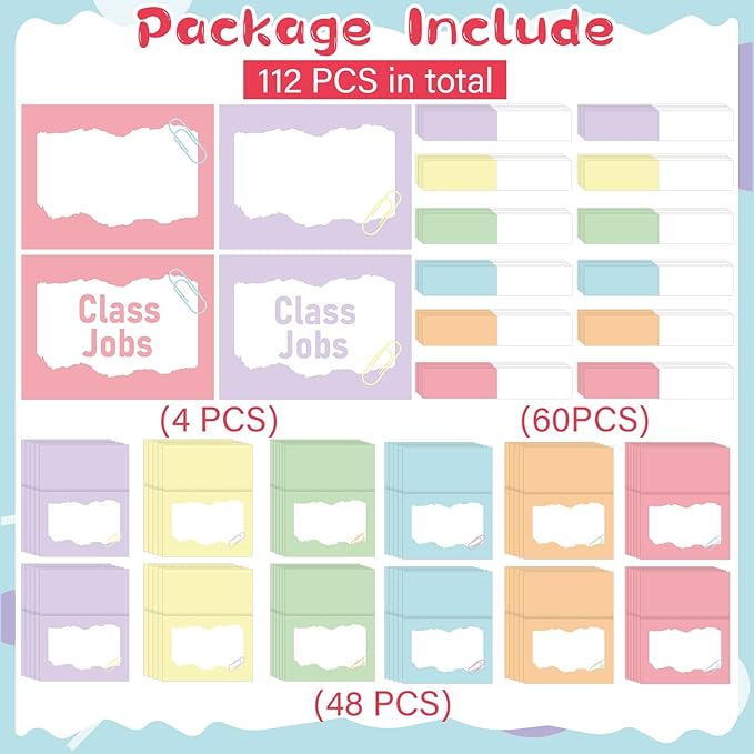 QOUBAI 112 Pcs Pastel Class Jobs Bulletin Board Set Colorful Classroom Jobs Pocket Chart Boho Class Management Educational Pocket Chart Teacher's Helper Posters Classroom Decorations School Supplies