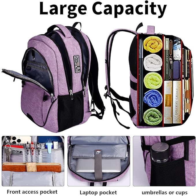 SHRRADOO Anti Theft Laptop Backpack Travel Backpacks with Combination Lock for Women Men College Backpack Computer Bag Fits 17 Inch Laptop,Purple | Travel Backpacks, usb Charging Port, College Backpack, Computer Bag
