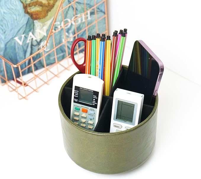 Round Leather Art Supply Organizer,Remote Control Holder,360 Degree Spinning,Multi-Functional Pencil Holder,4 Compartments Desktop Stationary Organizer(1-Oil Green)