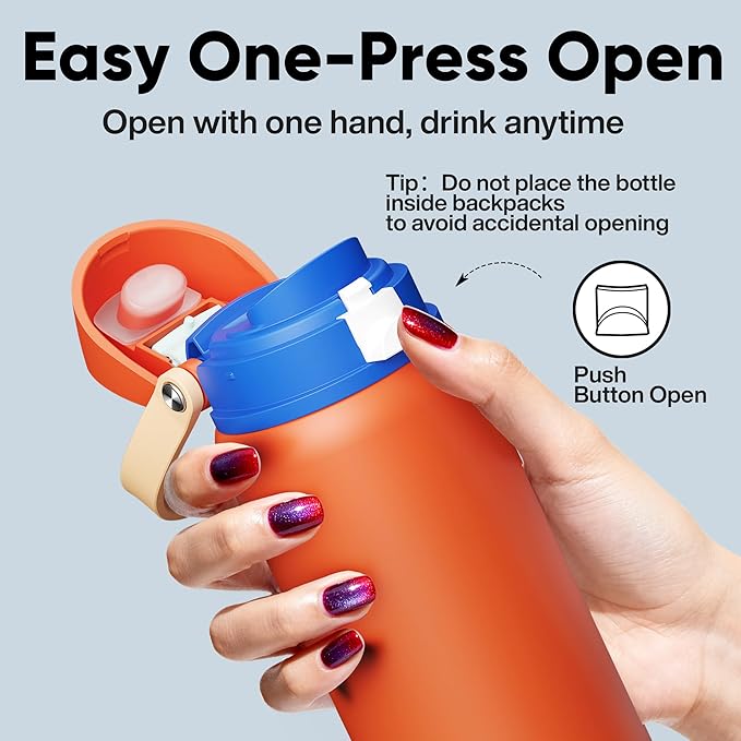 Insulated Water Bottle with Straw - Encool Stainless Steel Water Bottle with Push Button Lid, Leak-Proof & BPA-Free, Keeps Cold for 24 Hours for Sports, Travel, Gym (32 oz, Salmon)