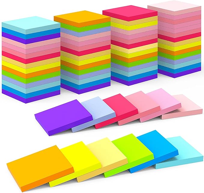 (72 Pads) Sticky Notes Bulk 3x3 Inch - 75 Sheets/Pad, 12 Assorted Colors, Easy to Post for School, Office (5400 Total Sheets)