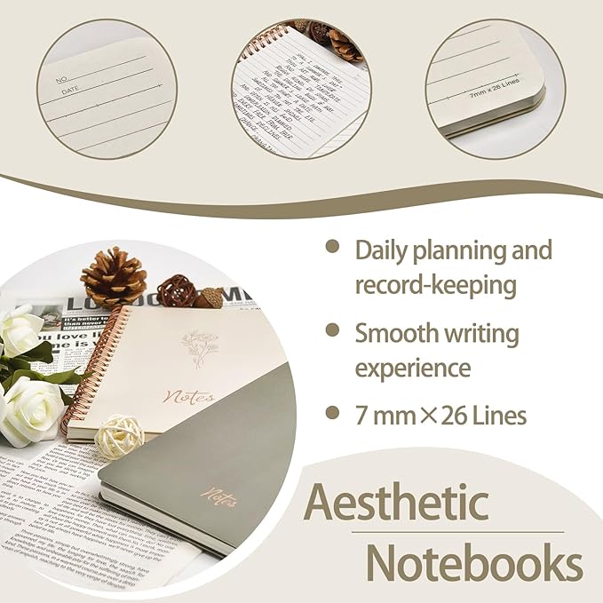 Prelady Spiral Notebooks for Women, 2 Pack College Ruled Wirebound Notebooks with Gold Floral Design, Aesthetic Journaling Notebooks for Writing, School, Work, Office Supplies (Beige/Sage)